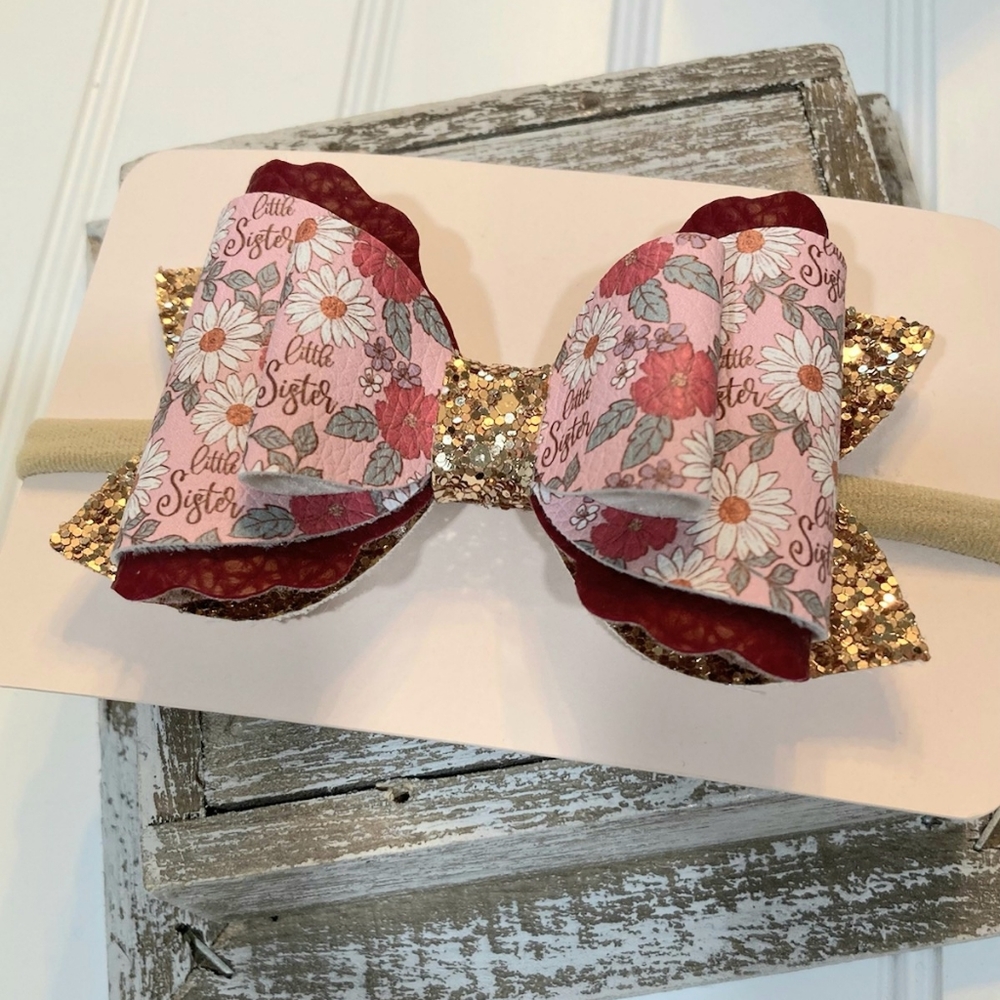 Little Sister Faux Leather Bow Headband, Pink & Burgundy Floral, Made in USA